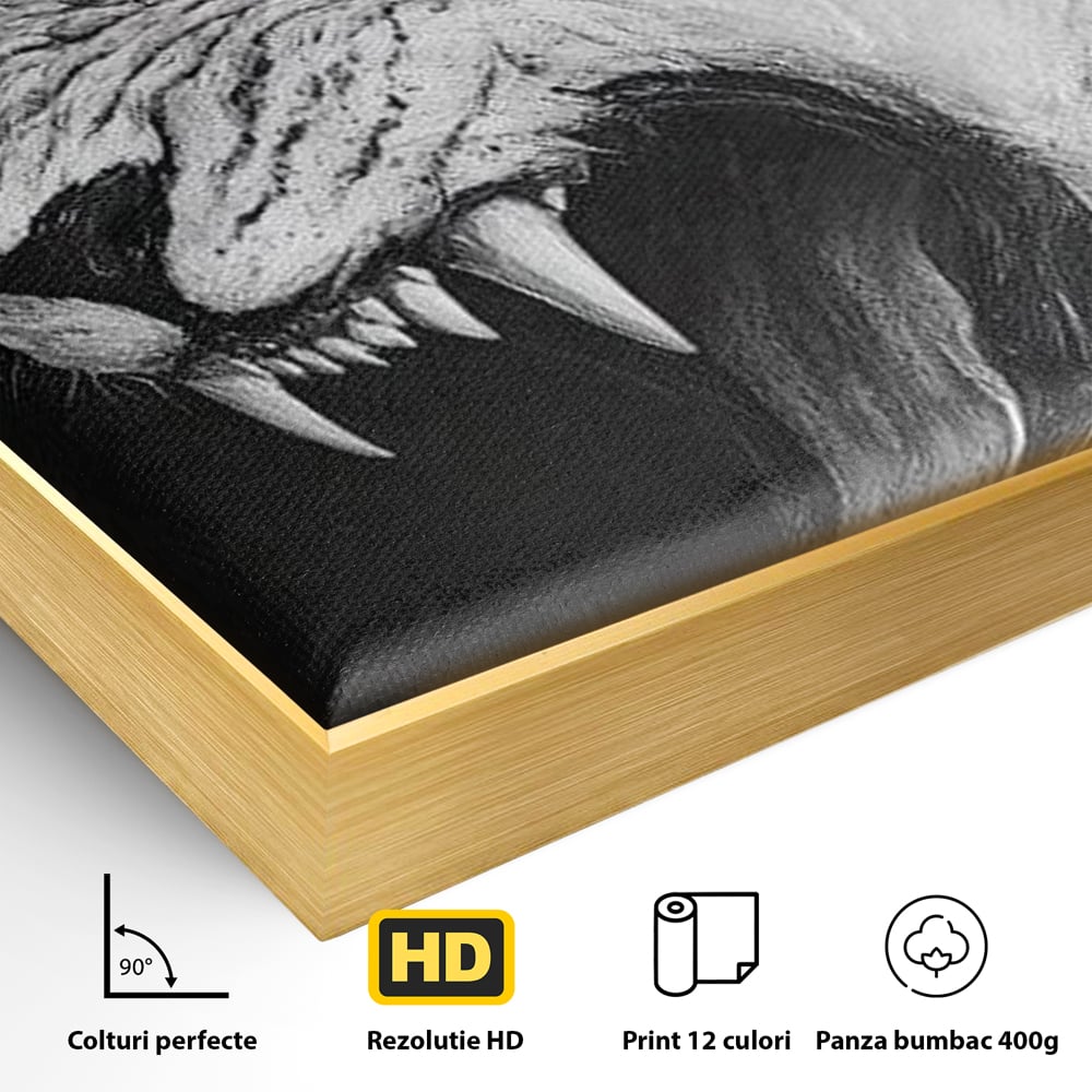 Detaliu al suprafetei: tablou canvas cu tigru alb, in rama de aluminiu auriu
